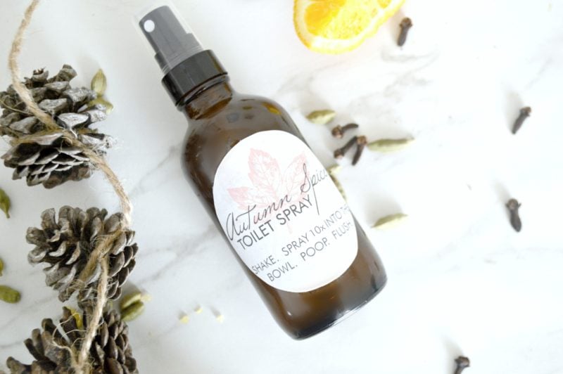 DIY Autumn Spice Toilet Spray stops bad poop smells before you even go, naturally with essential oils! Comes with Free printable label.