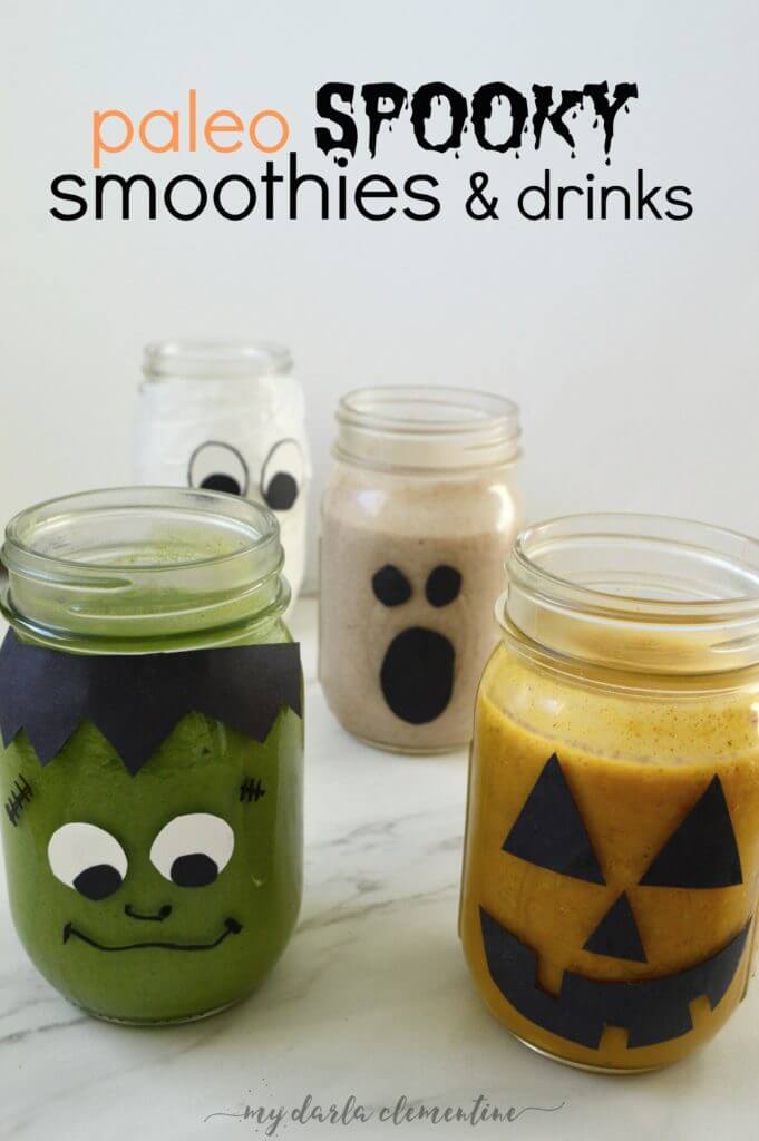 You & your kids will LOVE our spooky paleo smoothie & drink recipes, made completely in decorated mason jars! Keep halloween healthy and dairy-free, while being festive, & fun. Craft a diy mason jar ghost, monster, pumpkin jack-o-lantern, or mummy using just a permanent marker, glue stick, and paper!