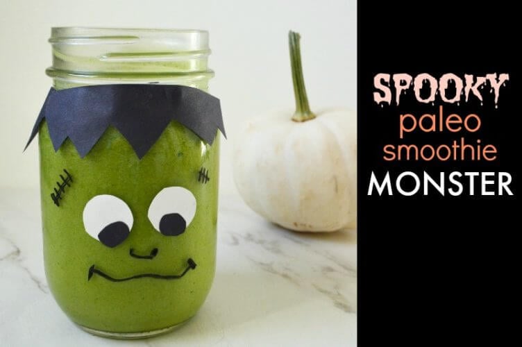 Spooky Paleo Smoothie Monster - You & your kids will LOVE our spooky paleo smoothie & drink recipes, made completely in decorated mason jars! Keep halloween healthy and dairy-free, while being festive, & fun. Craft a diy mason jar ghost, monster, pumpkin jack-o-lantern, or mummy using just a permanent marker, glue stick, and paper!
