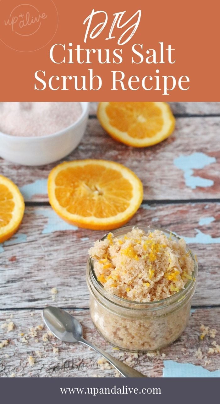 Making your own body scrub is beyond simple and cost effective! And this homemade citrus salt scrub recipe is no exception. #upandalive #saltscrub #diyrecipe #citrusoils #essentialoils